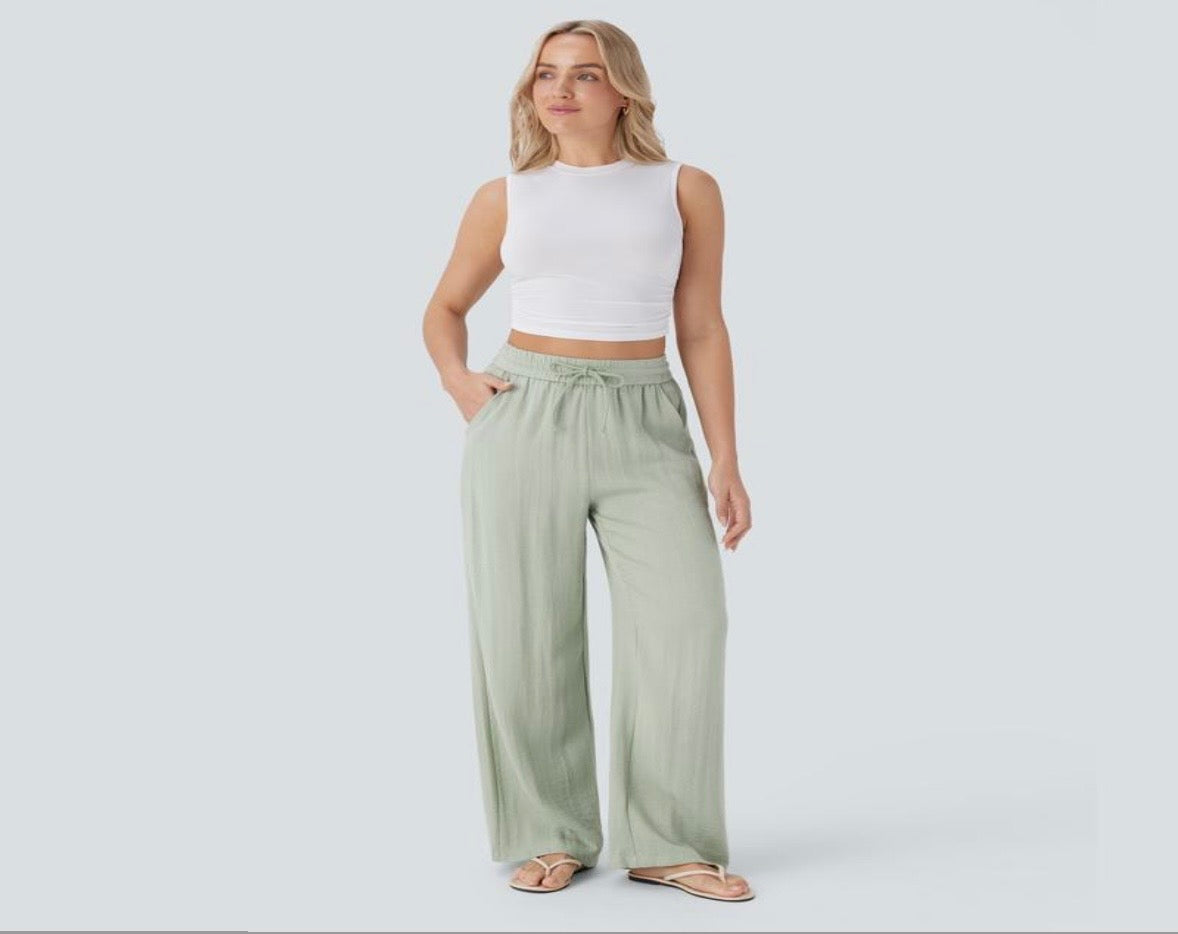 Halara High Waisted Wide Leg Linen-Feel Trousers with Drawstring and Pockets – Women’s Casual Loungewear Pants