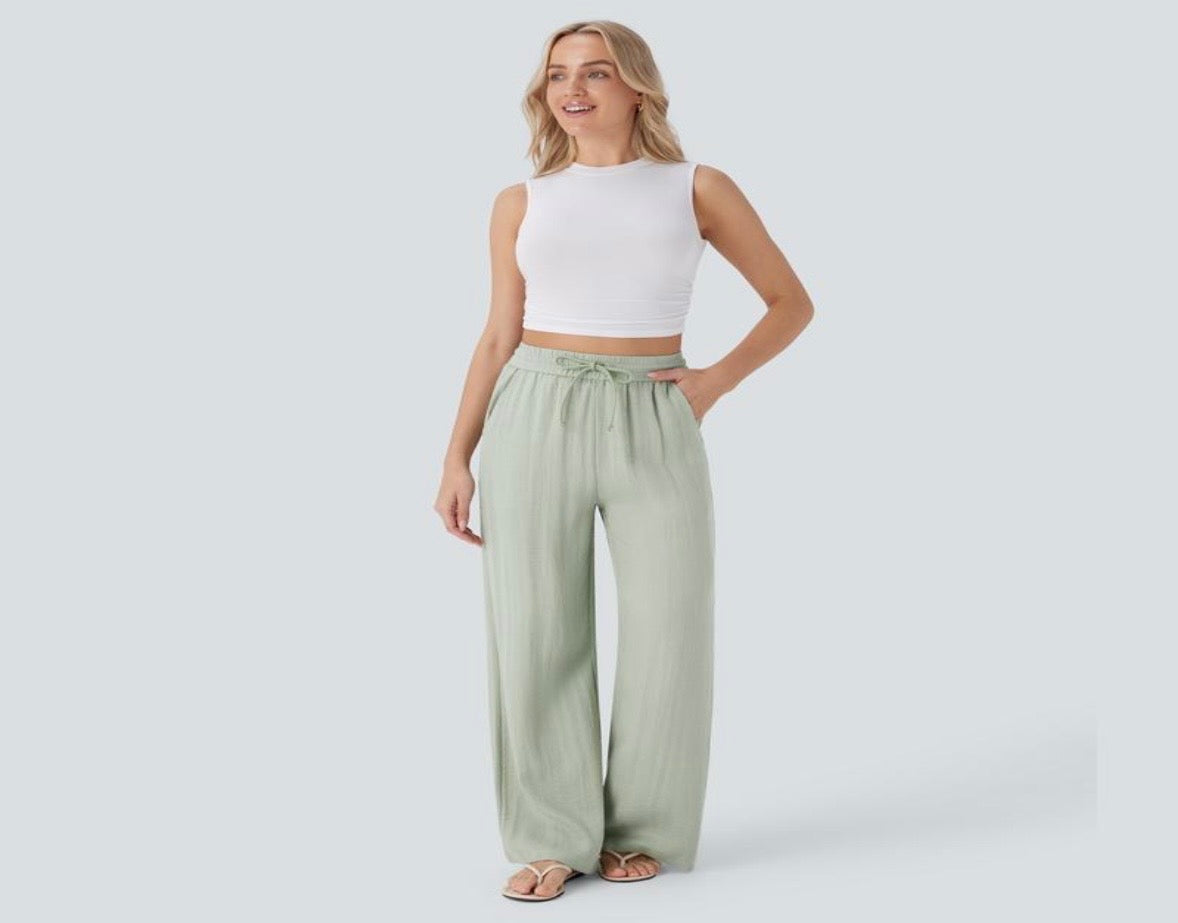 Halara High Waisted Wide Leg Linen-Feel Trousers with Drawstring and Pockets – Women’s Casual Loungewear Pants