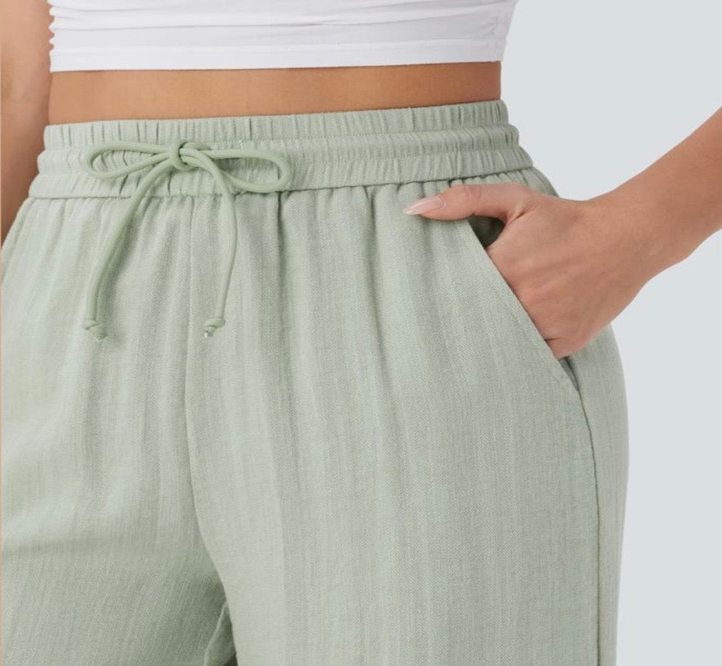 Halara High Waisted Wide Leg Linen-Feel Trousers with Drawstring and Pockets – Women’s Casual Loungewear Pants